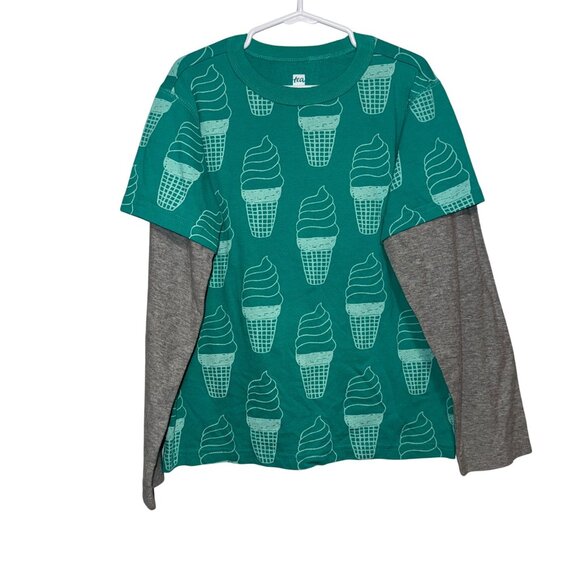 Green Ice Cream Cone Print Long Sleeve Layered Tee By Tea Collection Size 8 Boys - Picture 1 of 5